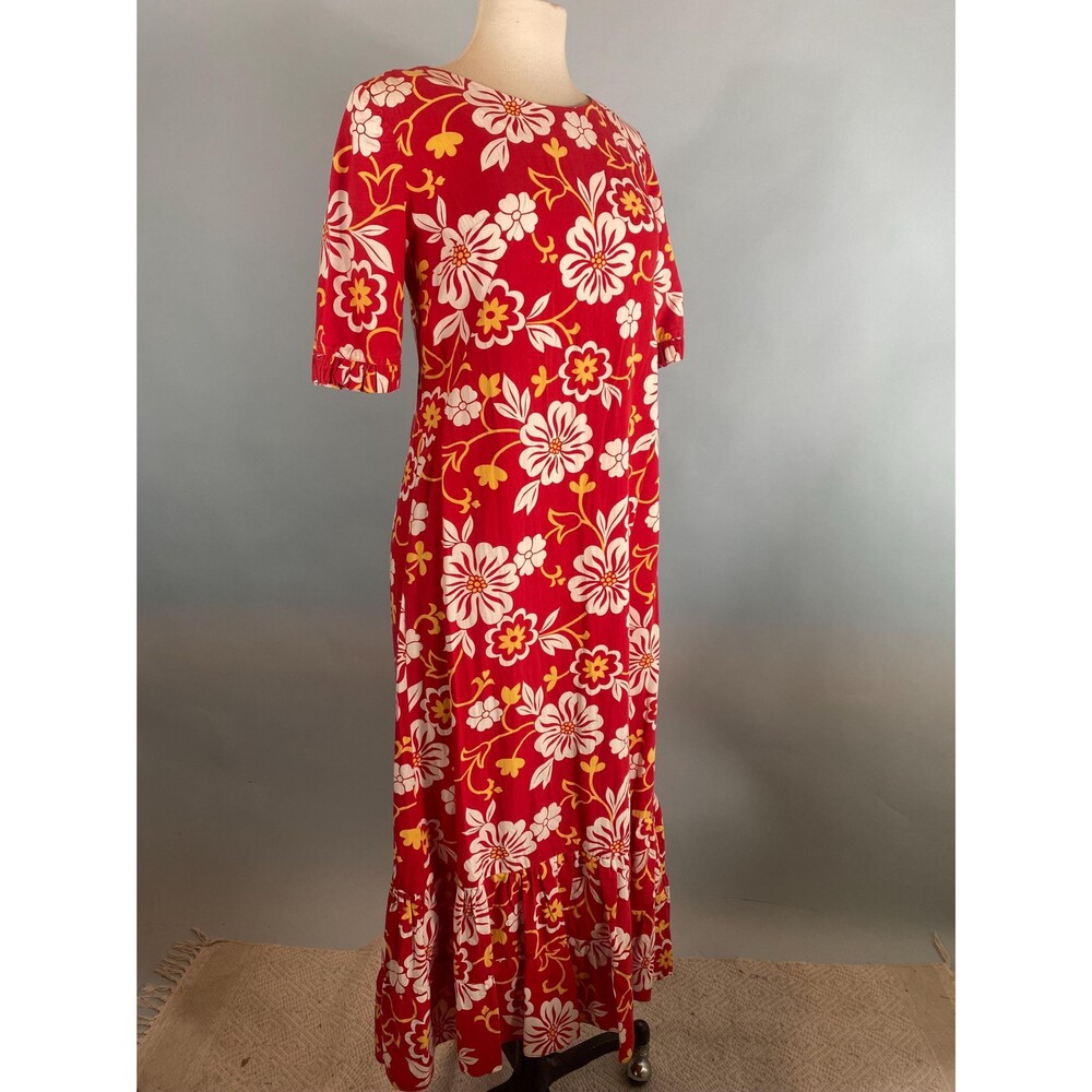 Vintage 50’s Hawaiian 100% Red Floral Cotton Hawaiian Dress Small Tiki Luau